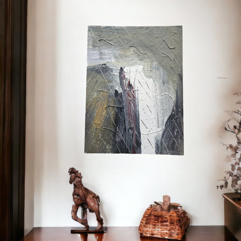 Acrylic Painting with "thunder" Gray, Tan and Black Embellished 12 x‎ 16 inches